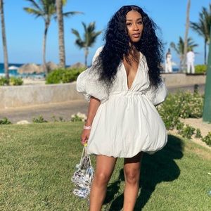 White puff sleeve puffball hem shift dress.